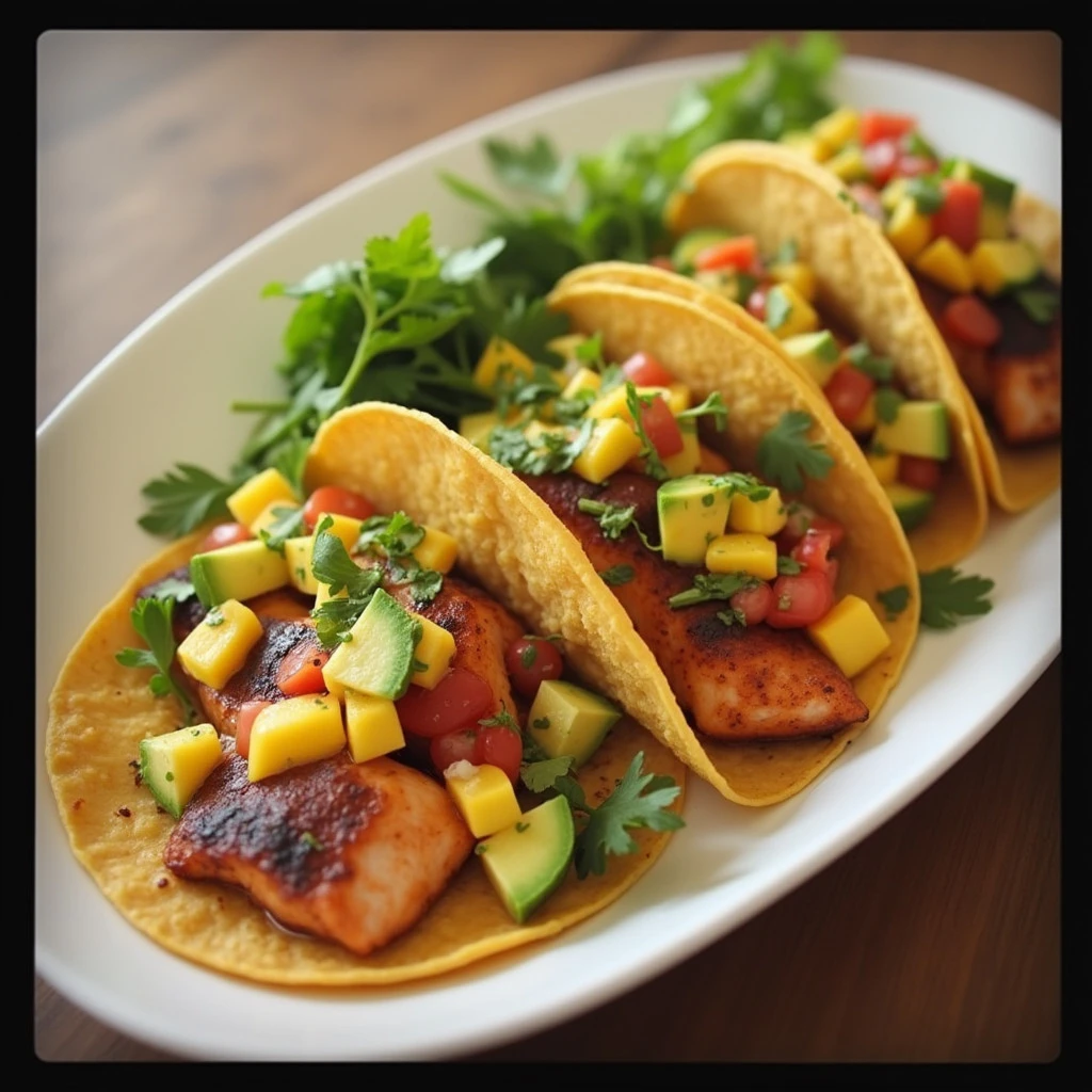 Blackened Salmon Tacos with Mango Avocado Salsa